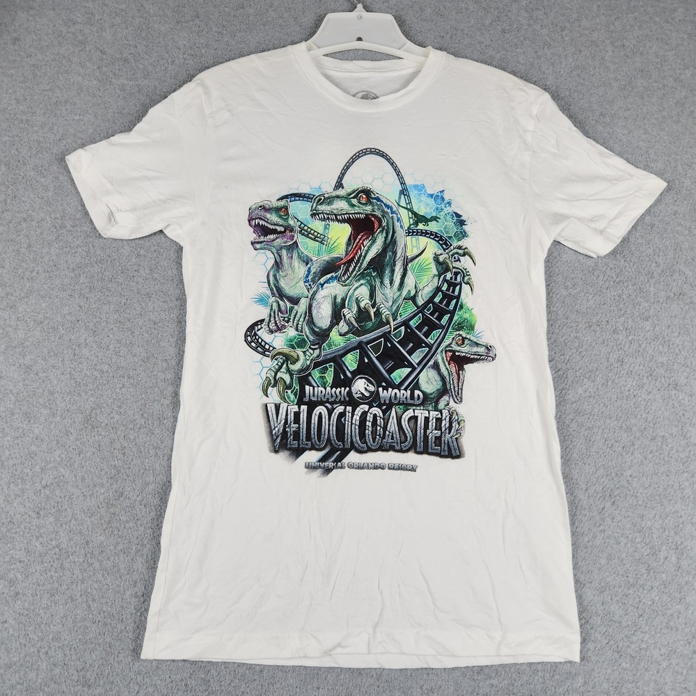 Universal Studios T-Shirt Mens SM White Jurassic World Velocicoaster Graphic Tee